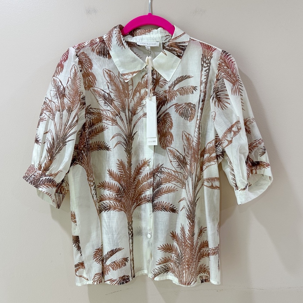 Lucky & Coco Women's M Palm Tree Sheer Button Up Puff Sleeve Top Cream Brown